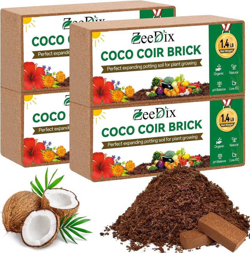 ZeeDix 4 قطع من طوب جوز الهند الفاخر - مزيج بدء مضغوط من ألياف جوز الهند 100% عضوي، ألياف جوز الهند مع مستوى منخفض من EC وتوازن pH للحدائق، تربة الزراعة، الأعشاب - Image 1
